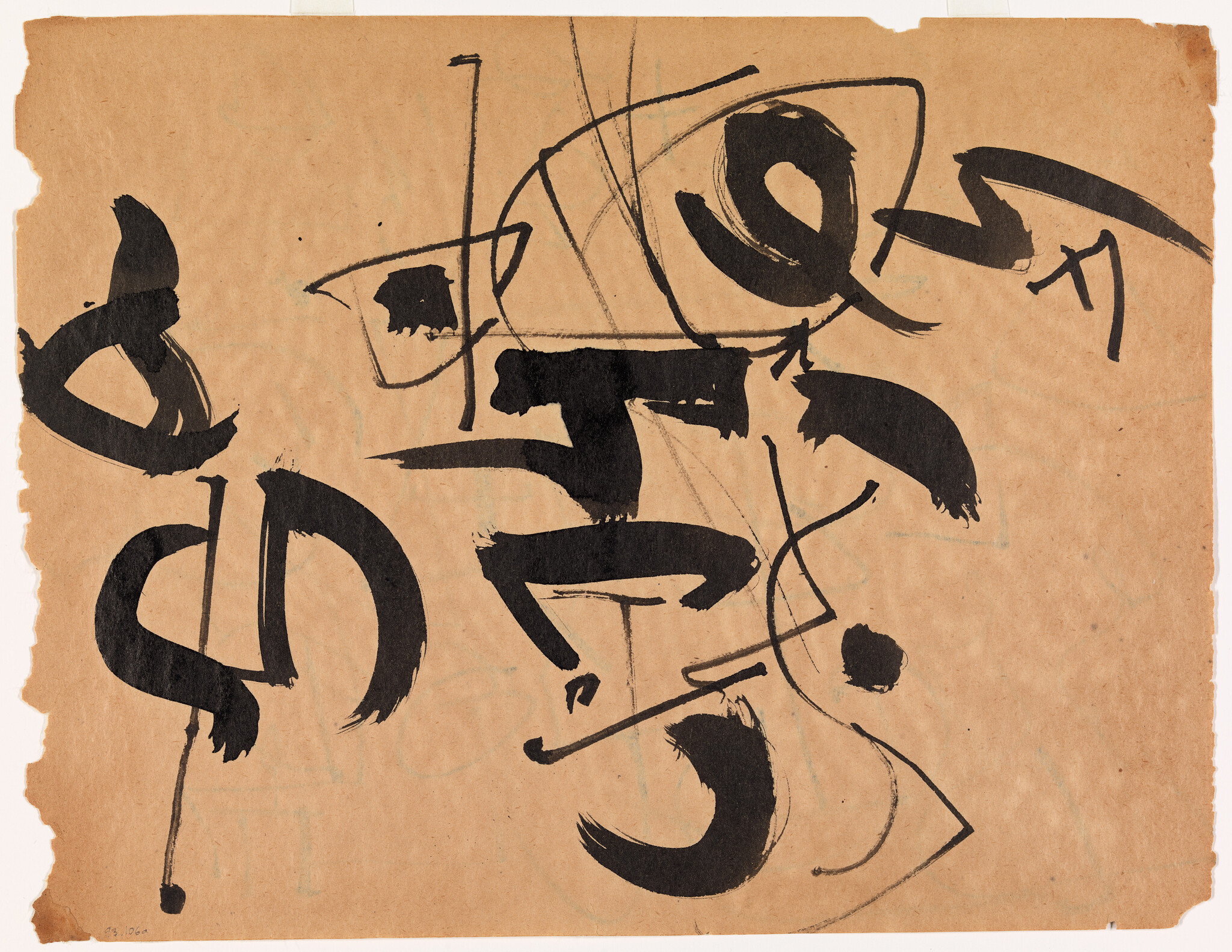 Thick black brush strokes and sweeping ink marks form abstract shapes on torn brown paper.