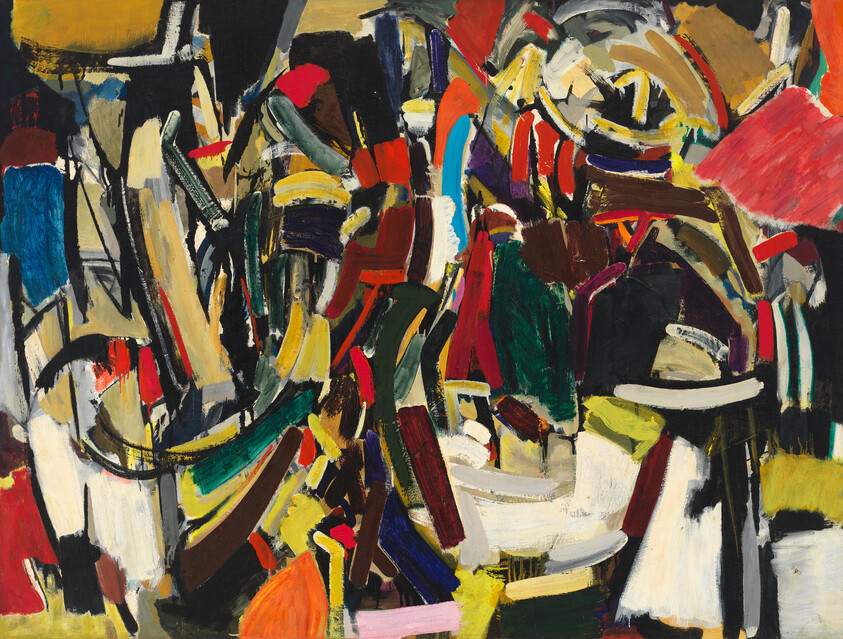 Bold colorful abstract painting with energetic brushstrokes and overlapping shapes creating chaotic movement.