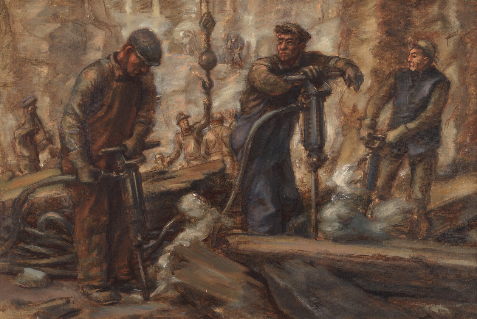 Three miners use pneumatic drills to break rock while others work in a smoky underground tunnel.