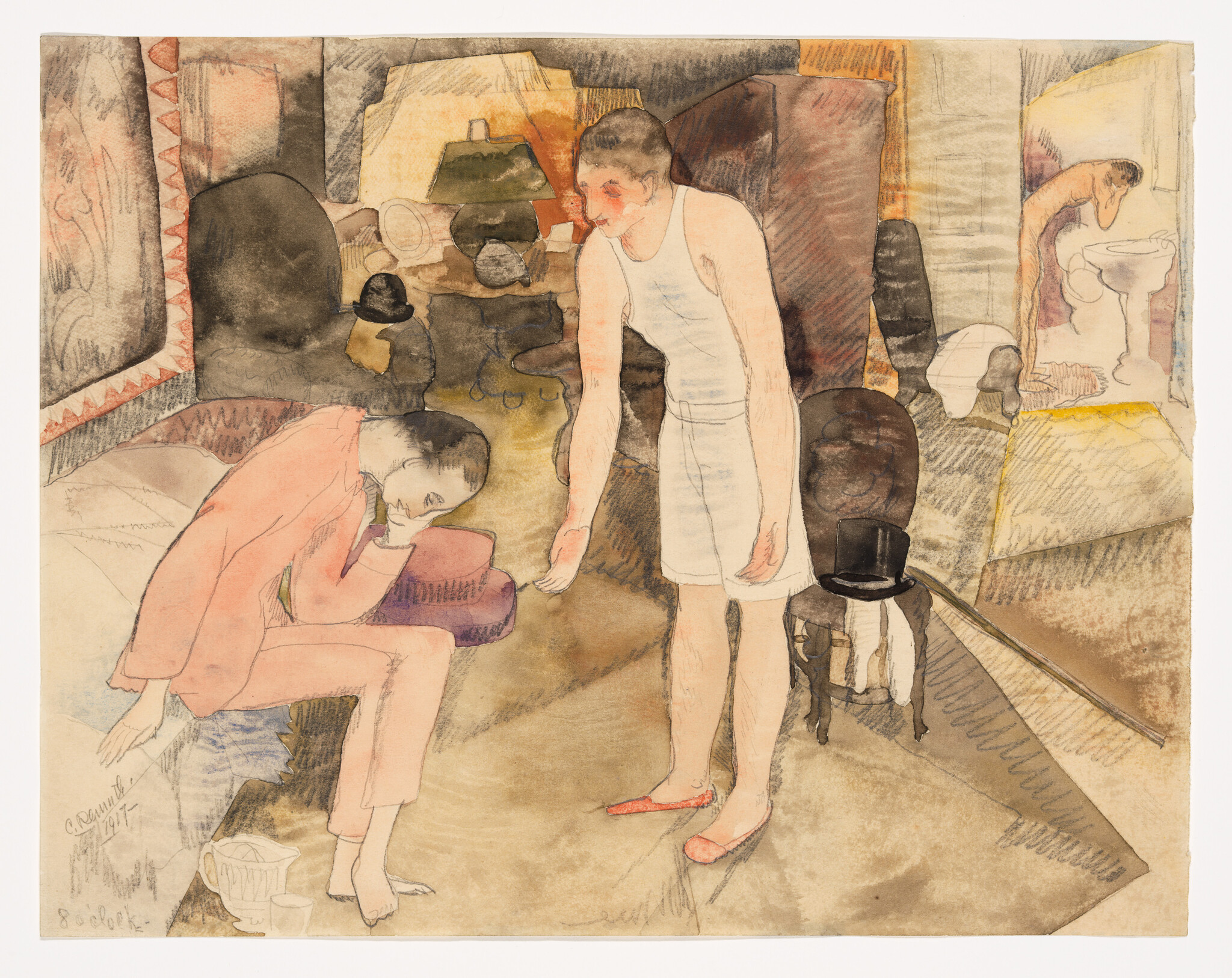 A watercolor painting depicting two figures in an interior setting with abstract and fragmented elements. The figure on the left, dressed in a pink suit, is seated and appears to be shining the shoes of the standing figure on the right, who is wearing a white tank top and shorts. The background features a mix of geometric and organic shapes, with hints of domestic items like a basin and a stove. The artwork is signed and dated in the lower left corner.