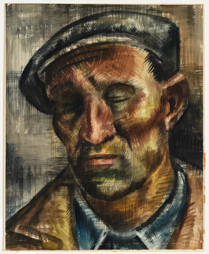 Elderly man wearing a cap with closed eyes and a thoughtful, weathered face.