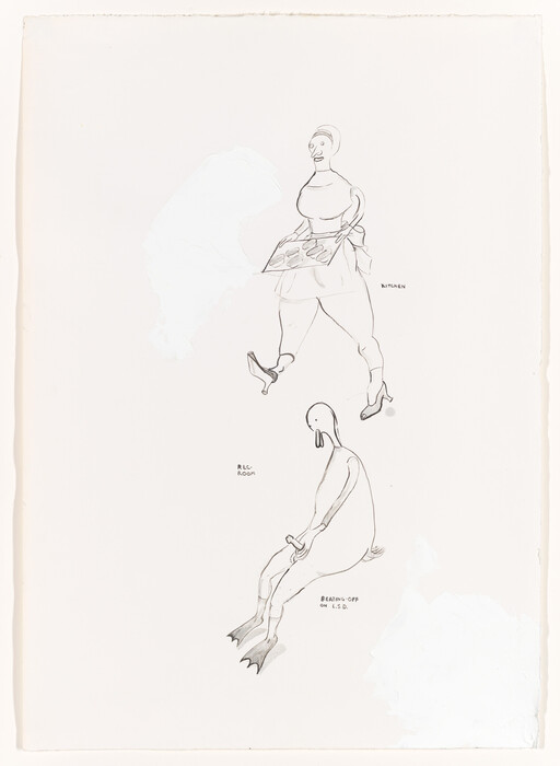 Two minimalist ink sketches show a person carrying a tray and a seated duck-like figure with flippers.