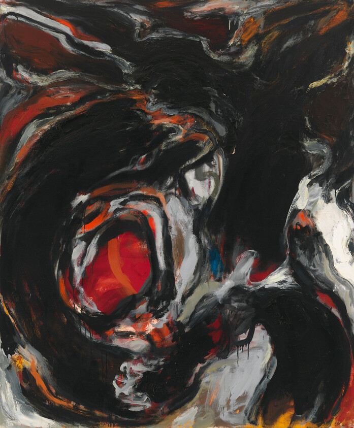 Abstract expressionist painting with swirling black, red, and white strokes.