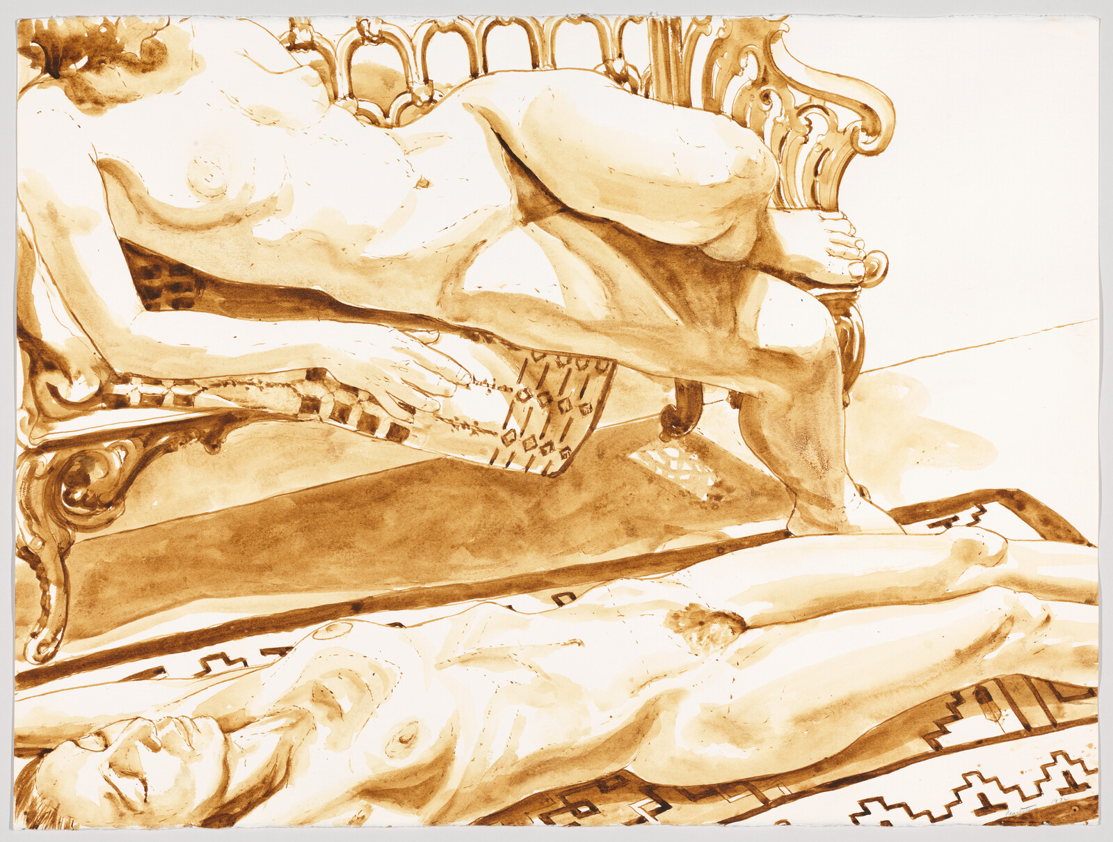 Two nude figures rest in a sepia drawing, one reclining on an ornate couch and one lying on a rug.