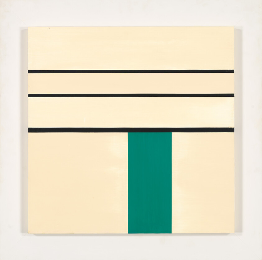 Minimal abstract painting with cream background, three black horizontal lines and a central vertical teal rectangle.