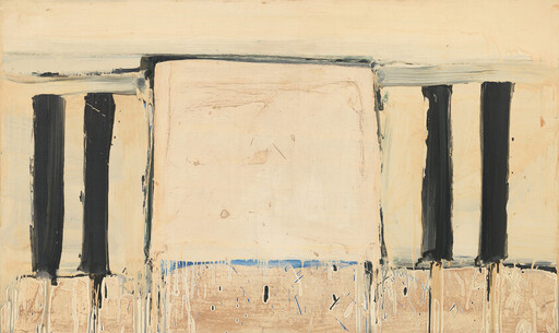 Abstract painting with a large pale rectangle, vertical black columns on each side, and paint drips.