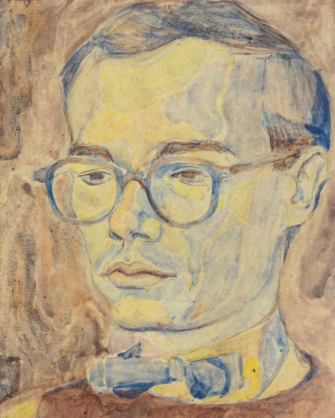 A young man with round glasses and a blue bow tie painted in soft, muted colors.