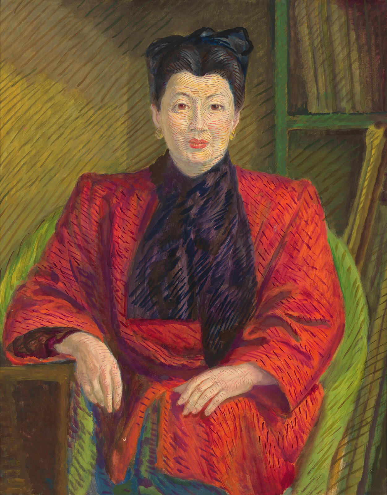A vividly colored expressionist painting of a woman seated with her hands resting on the arms of a wooden chair. She wears a bright red jacket with a dark scarf and has her hair styled in an updo. The brushstrokes are thick and textured, and the background features abstract elements in yellow and green tones.