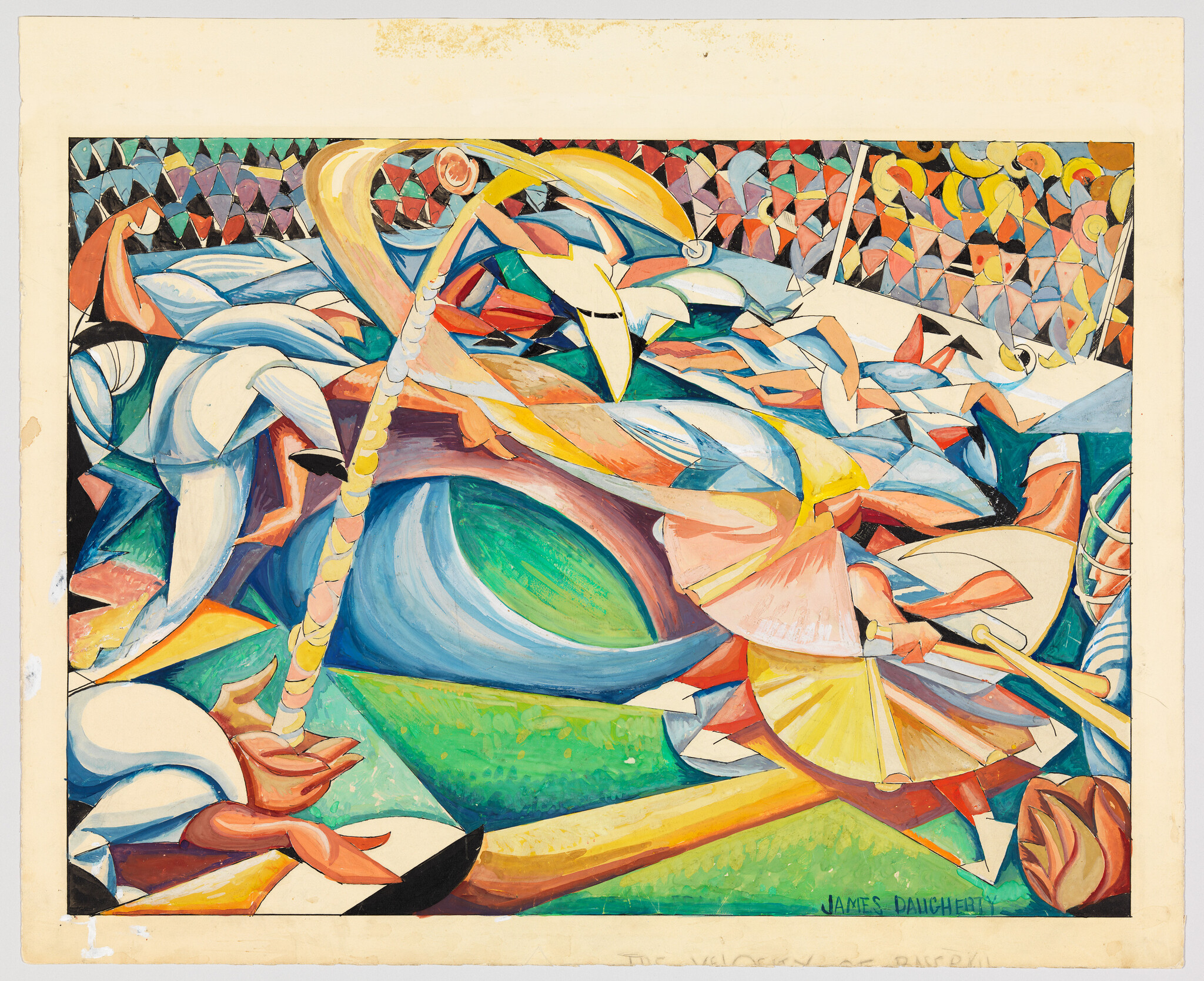 Colorful abstract scene with swirling shapes and dynamic figures suggesting movement and dance.