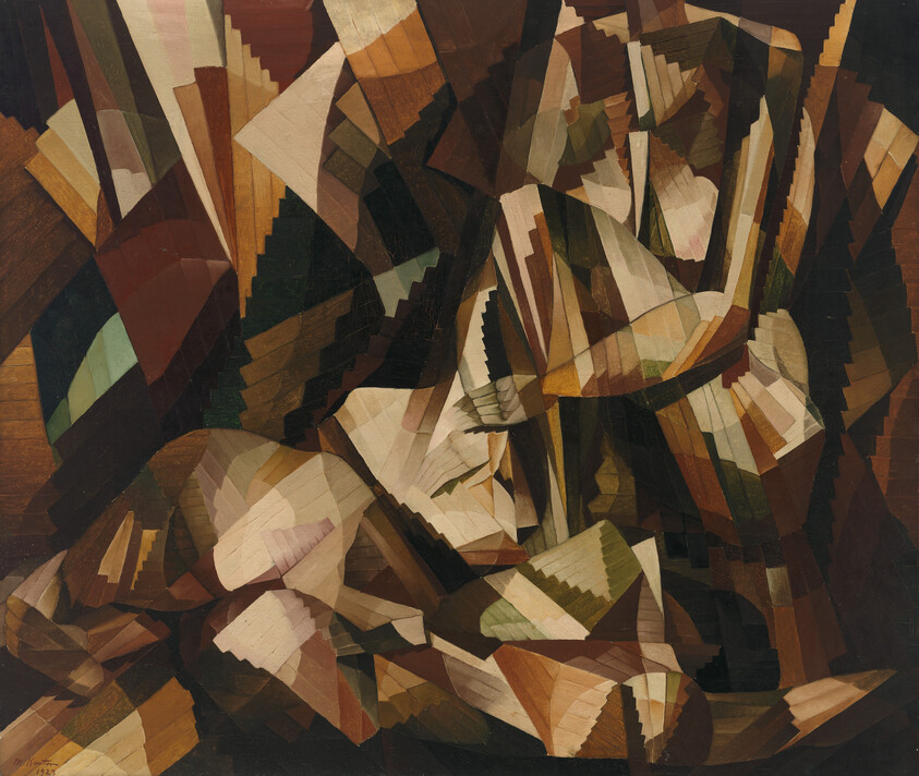 A fragmented cubist figure reclining amid angular brown, beige, and green geometric shapes.