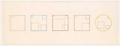 Five simple geometric diagrams show squares with smaller inner squares, the rightmost contained in a yellow circle.
