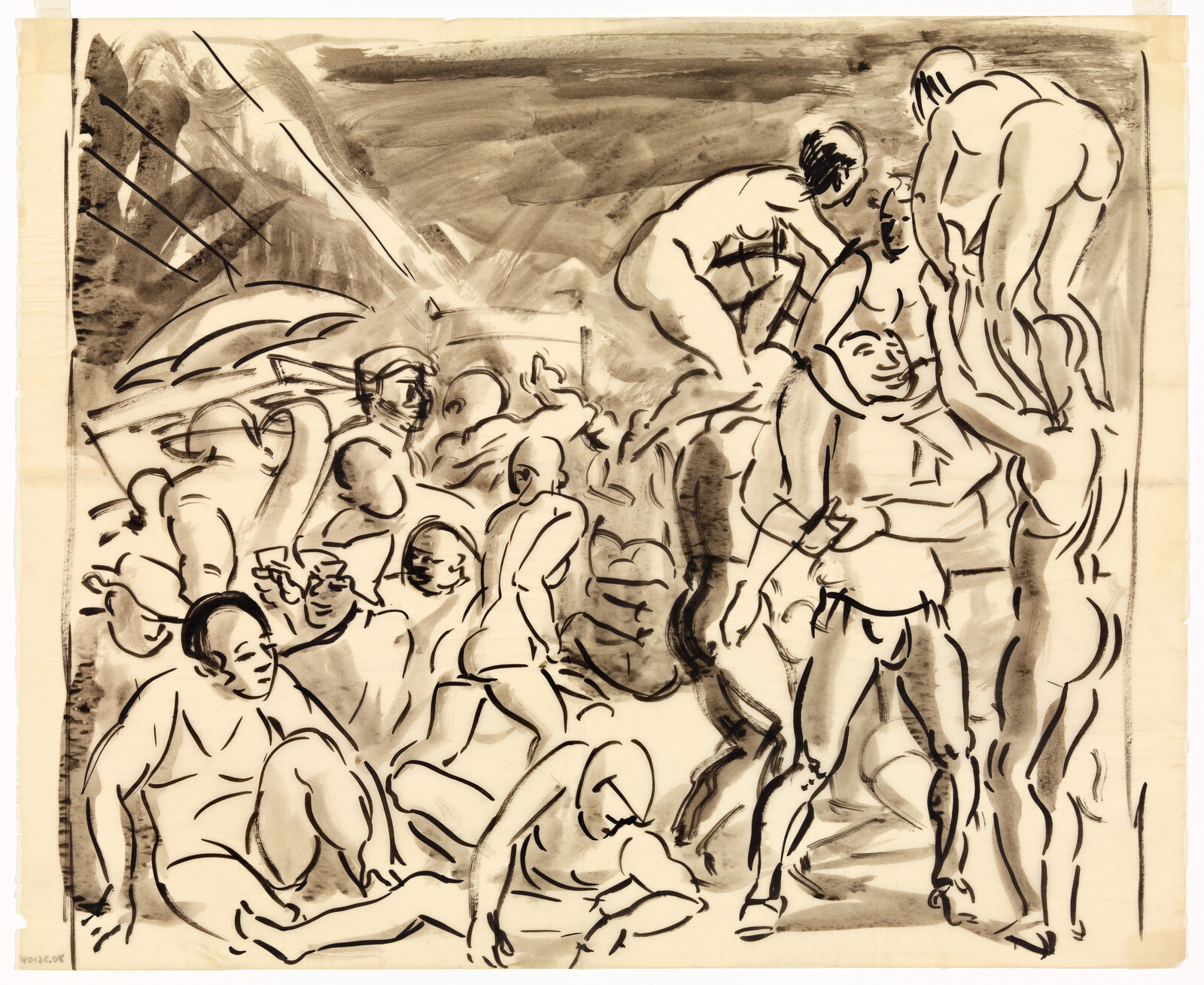 Several nude figures interacting energetically in a lively, densely crowded ink sketch.