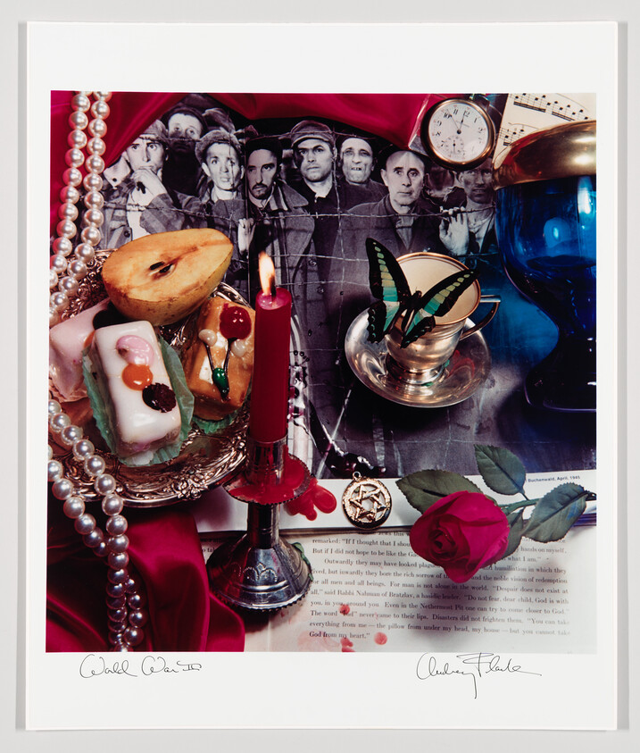 A lit red candle beside pastries, pearls, a butterfly on a teacup, and a red rose.