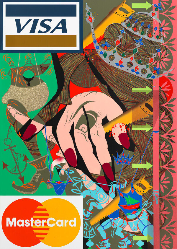 A colorful collage featuring a large hand gesture with Visa and MasterCard logos.