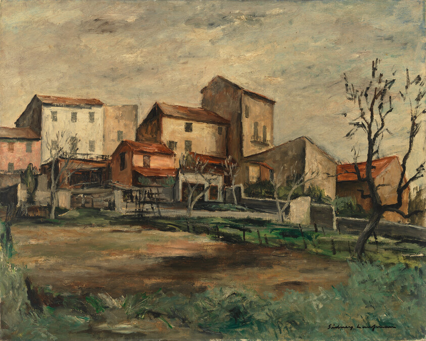 An impressionist-style painting depicting a rustic scene with a cluster of earth-toned buildings, possibly in a European village. The foreground shows a greenish-brown field with a leafless tree to the right, while the background features a cloudy sky. The artist's signature is visible in the lower right corner.
