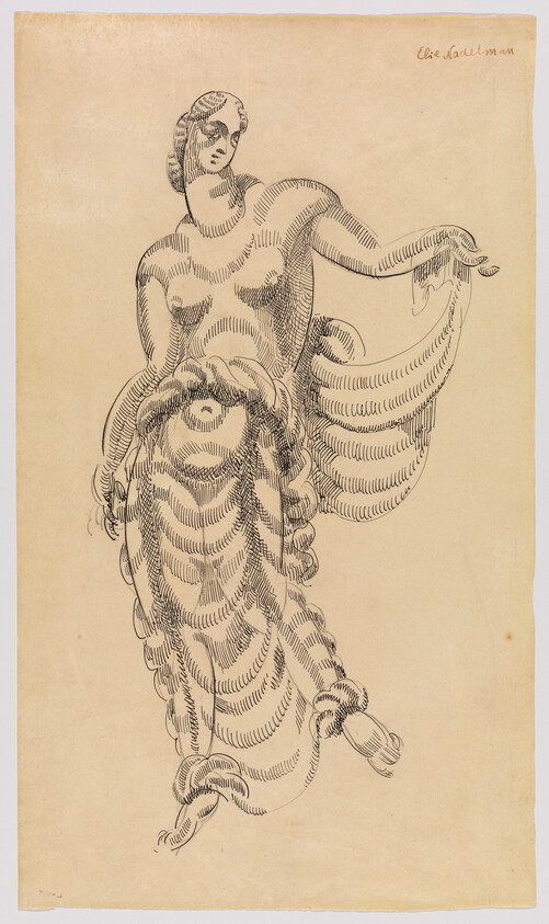 Stylized ink drawing of a draped female figure with flowing patterned lines and raised arm.