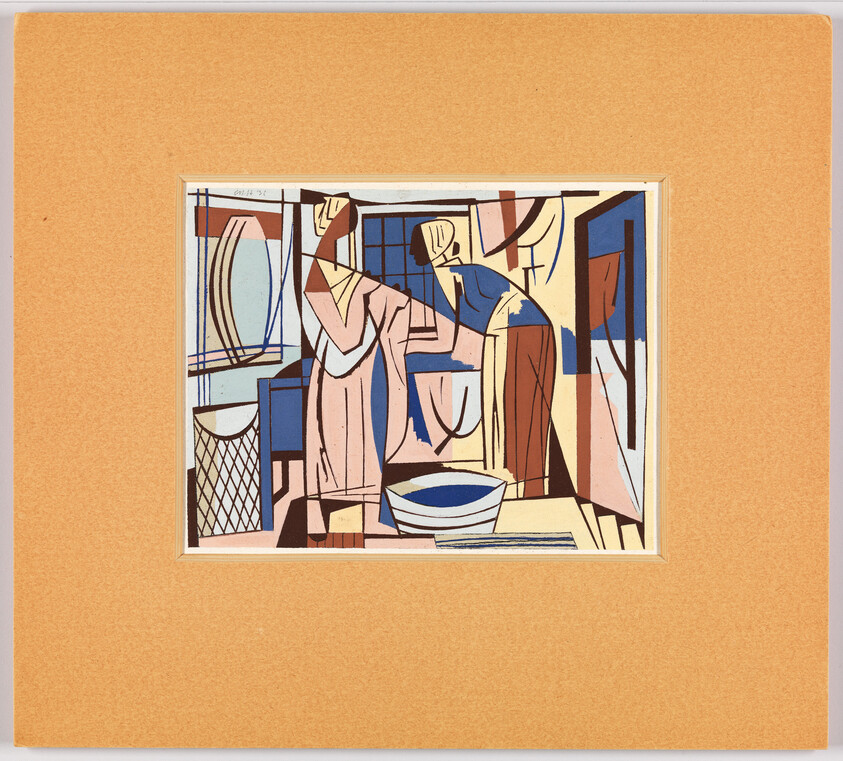 Two women in a cubist-style room wash clothes in a basin near a window.