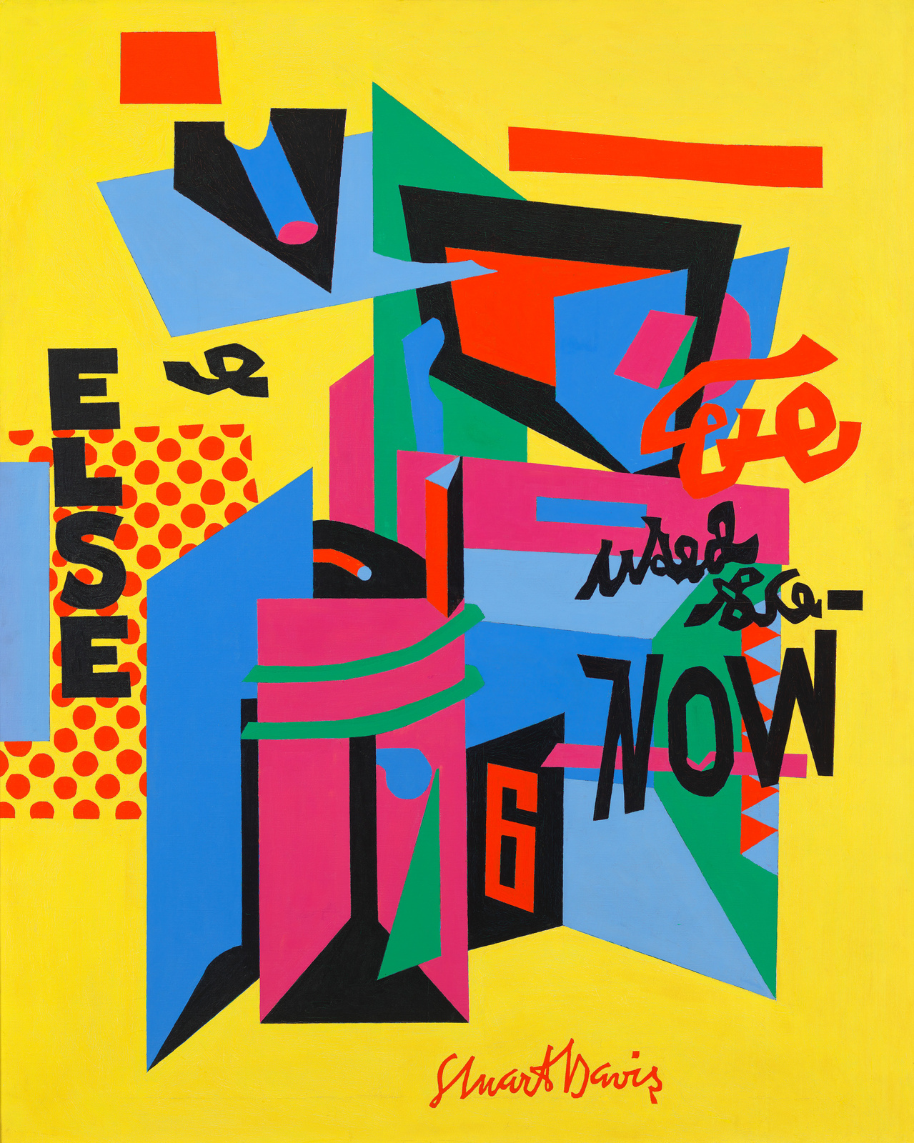 A vibrant abstract painting featuring geometric shapes and bold colors on a yellow background. The composition includes overlapping forms in red, blue, green, pink, and black, with elements of text and patterns, such as polka dots. Words and phrases like "else," "free," "word," and "now" are interspersed throughout the artwork. The artist's signature, "Stuart Davis," is in the lower right corner.