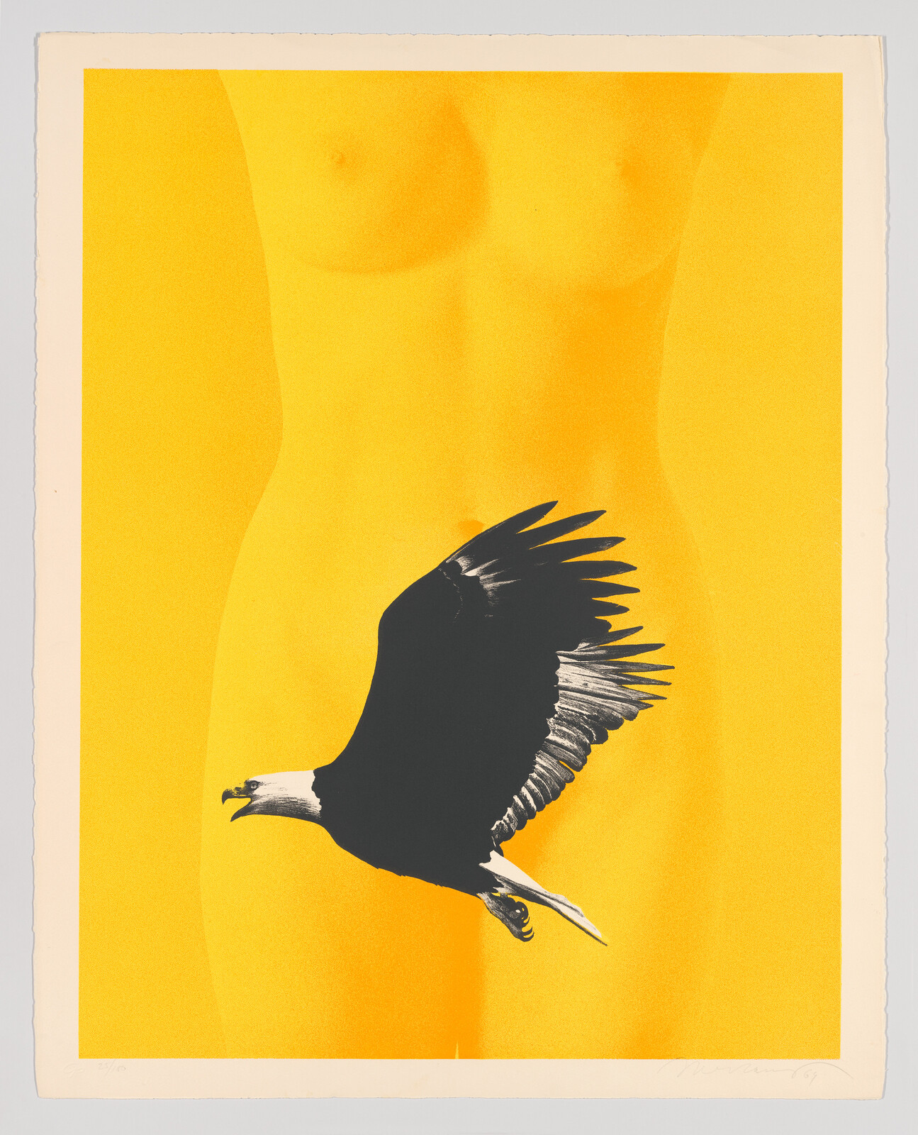 A black eagle flies across a bright yellow background over a silhouetted nude torso.