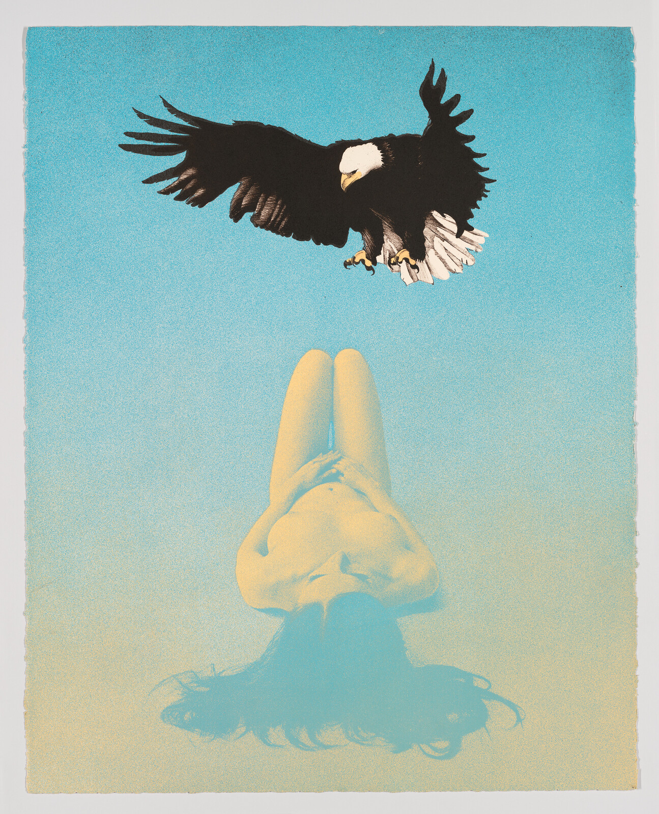 A bald eagle swoops down above a reclining nude woman with hands clasped over her torso.