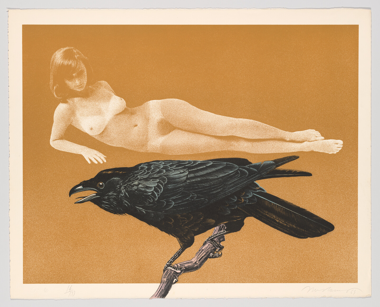 A reclining nude woman floats above a large black crow perched on a branch.