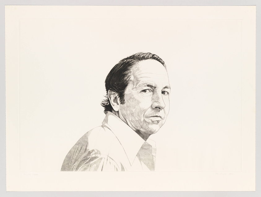 A detailed pencil portrait of a man in profile view, with the image showing only the right side of his face and upper body. He appears to be middle-aged, with short hair, prominent facial features, and is wearing a shirt and tie. The background is plain white, and the artwork has a signature and date in the lower corners.