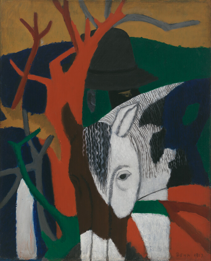 A rider wearing a dark hat stands behind a white horse amid bold, abstract trees.