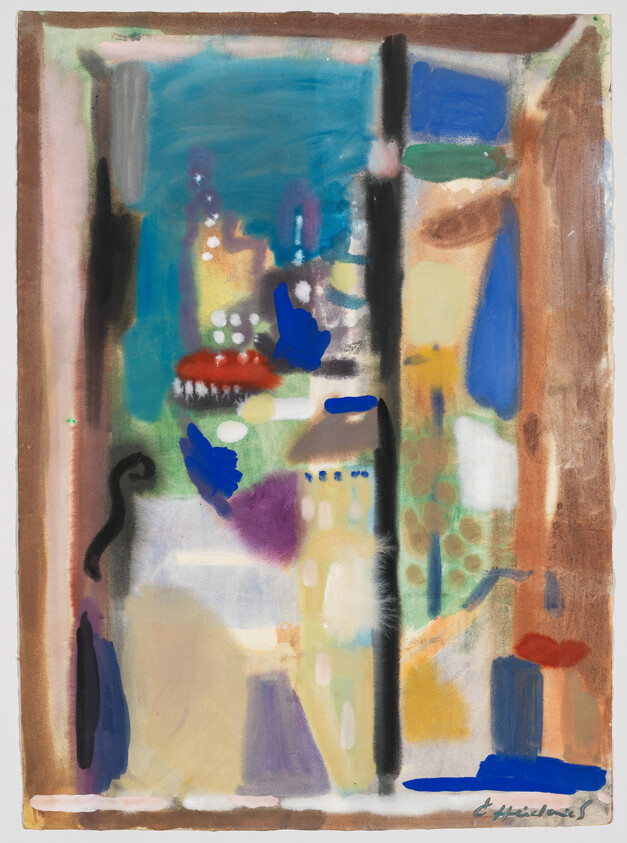 Abstract painting with bright colors, a vertical black stripe, and scattered blue shapes.