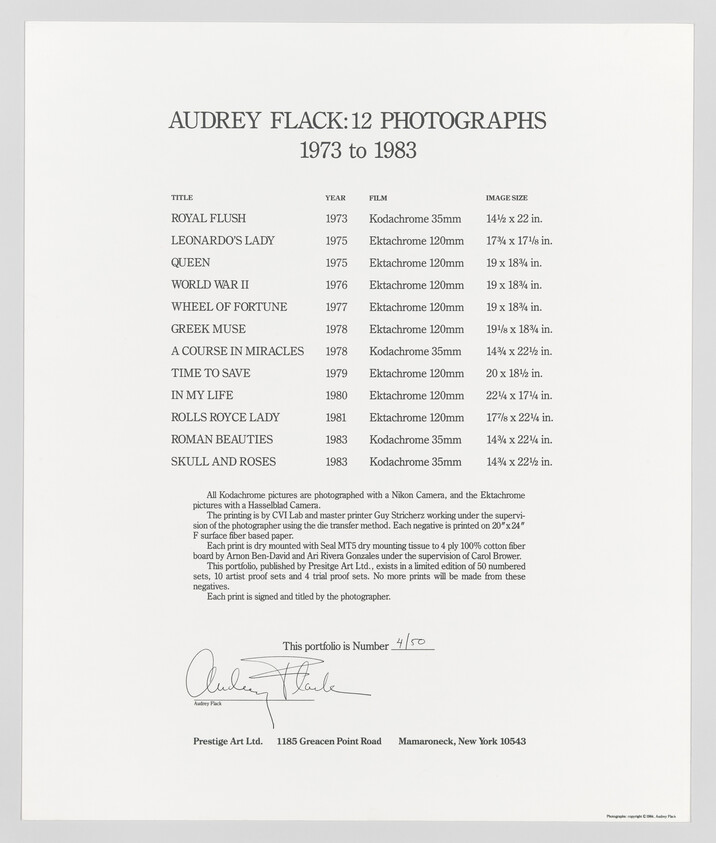 Poster listing Audrey Flack's 12 photographs from 1973 to 1983 with titles and details.
