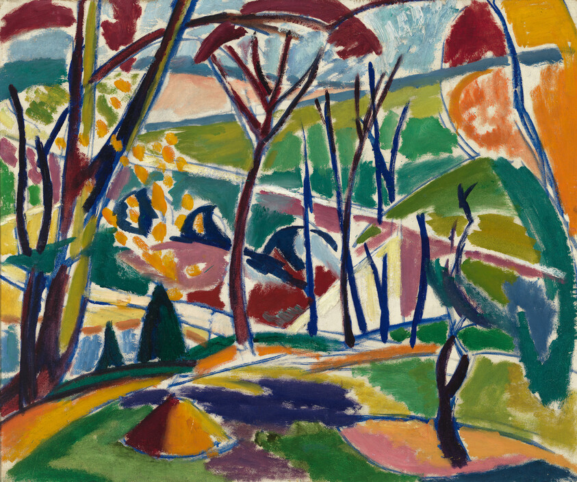 Bright abstract landscape with colorful trees and rolling hills in bold painterly shapes.