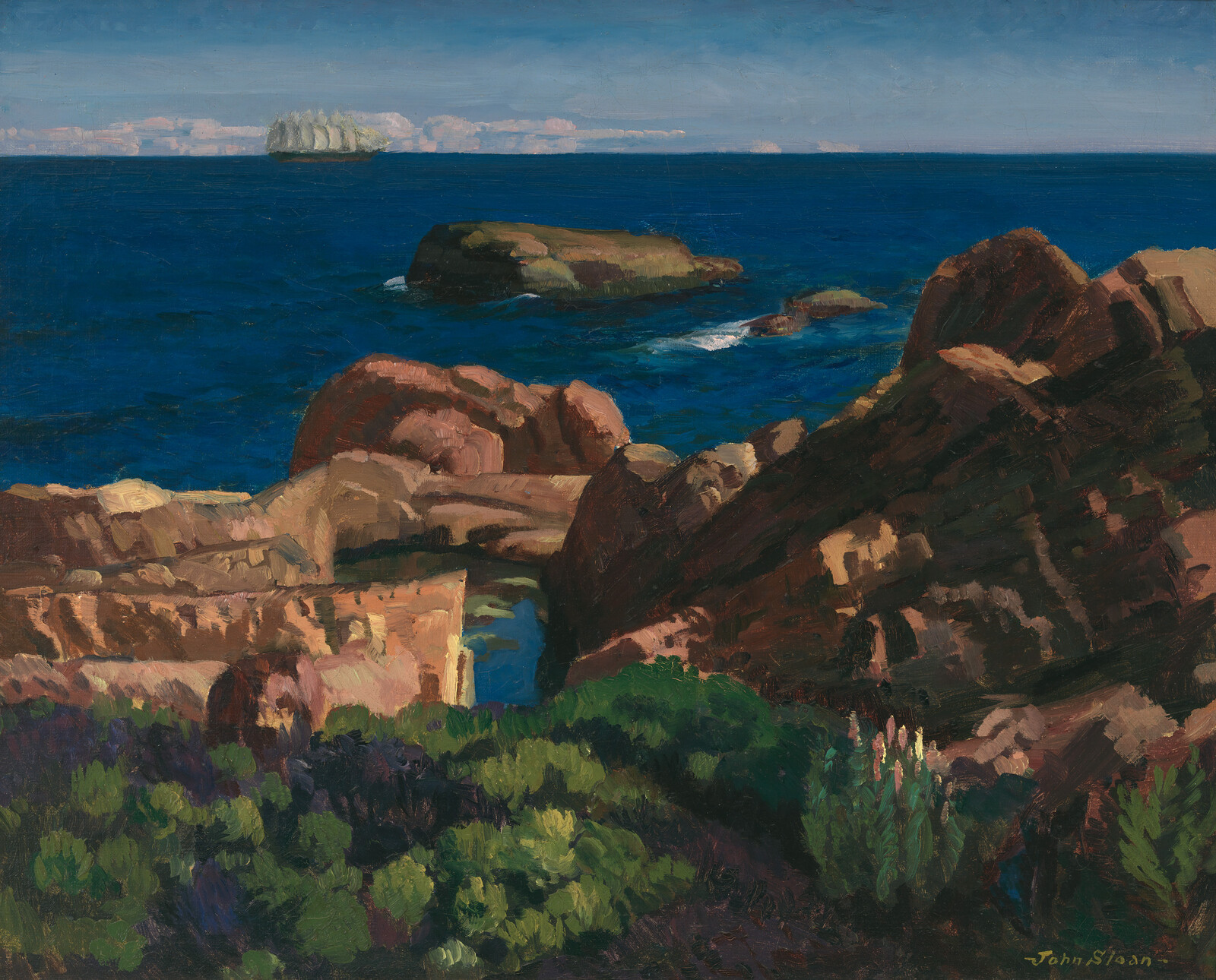 Rocky coastal cliffs overlook deep blue sea with a distant sailing ship on the horizon.