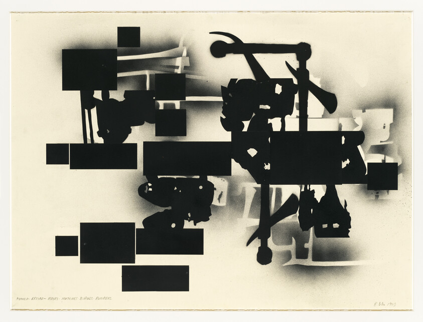 Abstract arrangement of black stenciled shapes and rectangles on a light, textured background.