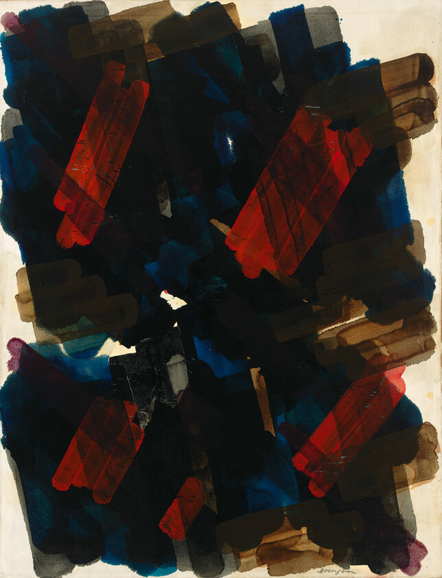 Abstract painting with overlapping dark blue, black, and brown brushstrokes, featuring four bold red shapes.