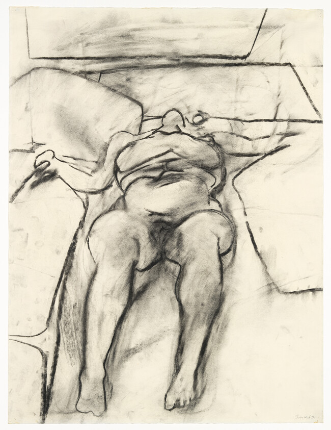 A reclining nude figure drawn in charcoal, seen from above lying on a couch.