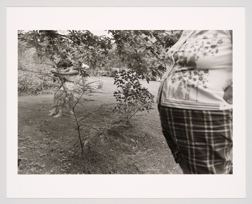 Two children swing on a rope under a tree while an adult watches from the right foreground.
