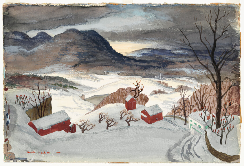 Snow-covered farm with three red barns and winding road against dark mountain backdrop.