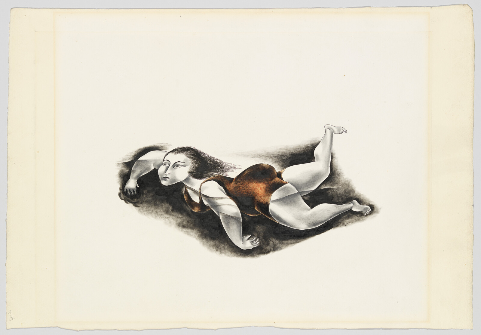 A woman in a brown swimsuit lies on a dark shadowed surface, looking forward.