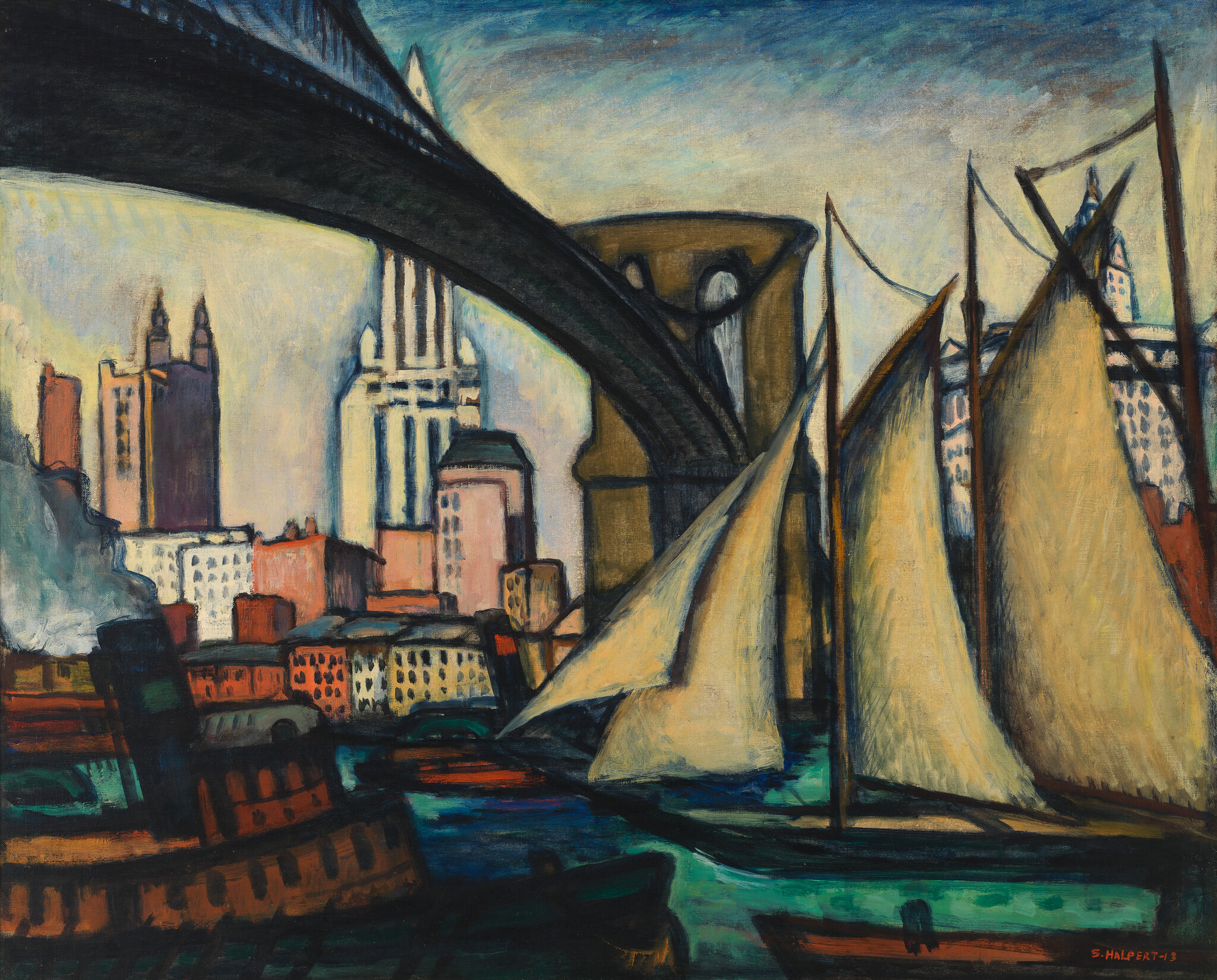 Three sailboats pass beneath a large arched bridge beside a city skyline.