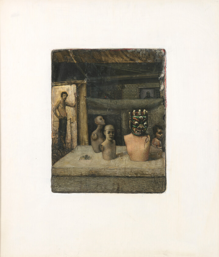 A group of mannequin busts on a table, one wearing an ornate multicolored mask, a man watching from a doorway.