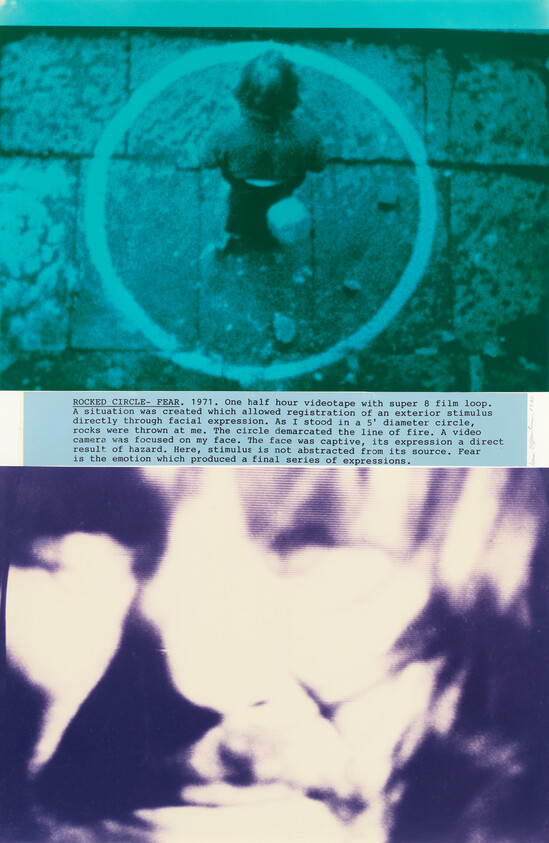 Person stands inside a painted circle above a grainy close-up of their distressed face.