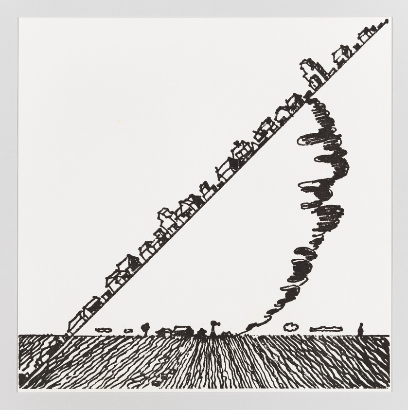 A row of houses sits on a diagonal line above a field, with smoke rising from the ground below.