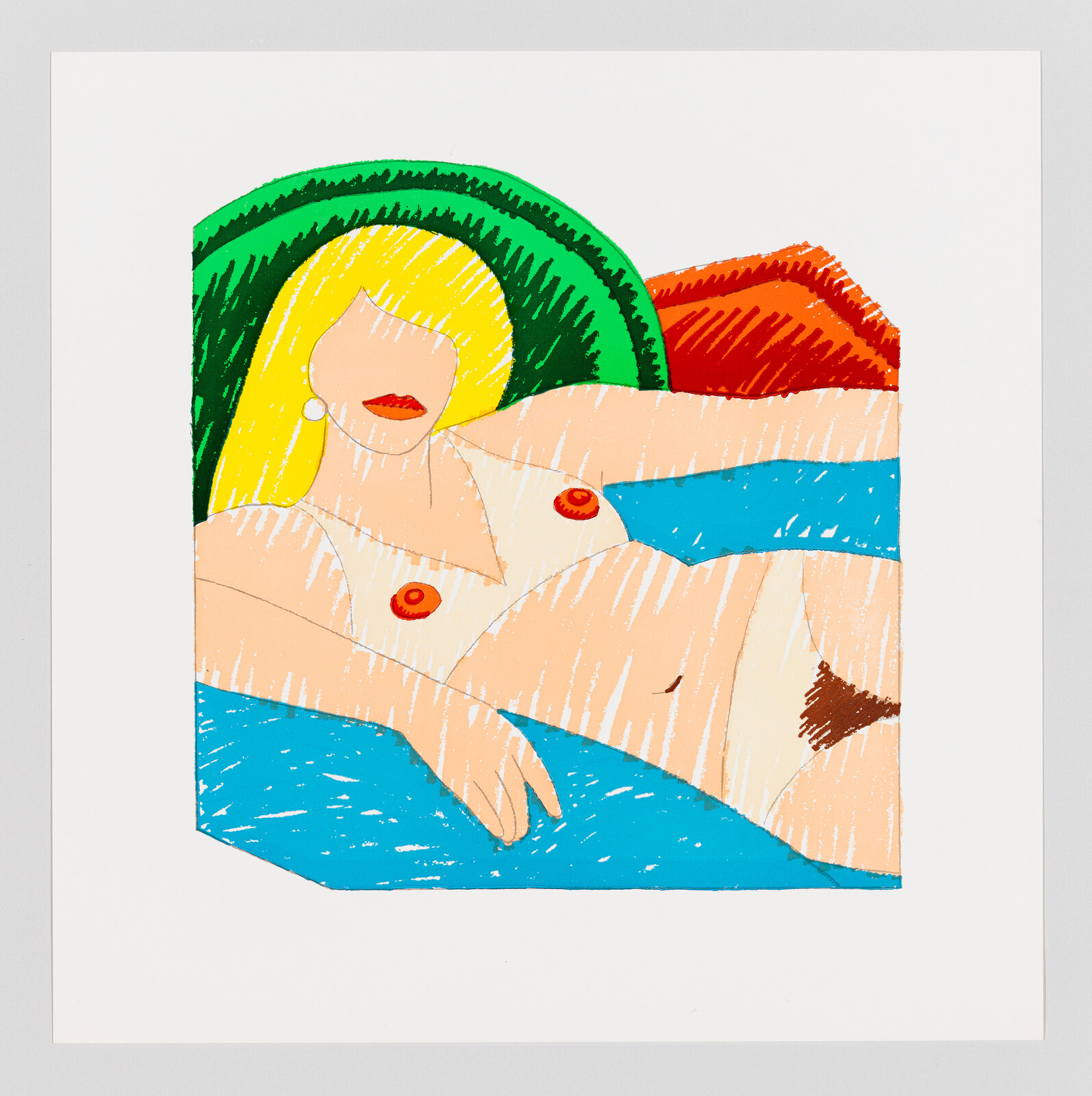 Illustration of a stylized woman with blonde hair and red lips partially submerged in water, with abstract shapes and vibrant colors forming a background that includes green, yellow, and red arcs.