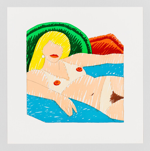A colorful stylized drawing of a blonde woman reclining nude on a green and blue chaise.