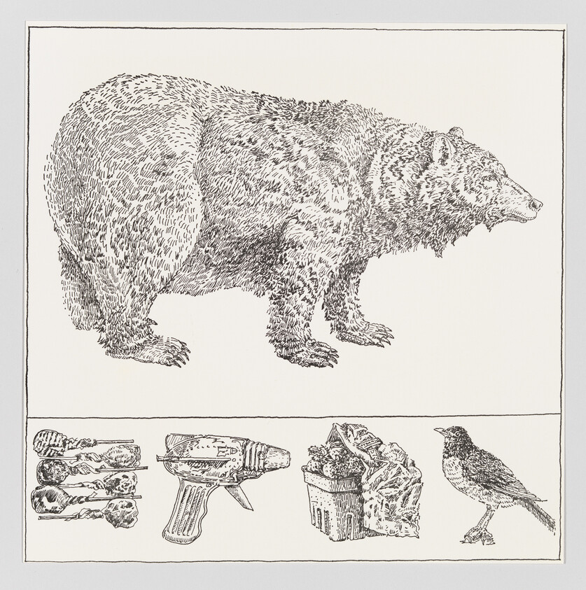 Detailed black and white illustration featuring a bear on the upper half and a collection of objects and an animal on the lower half. The bear is depicted in profile, walking to the right with a textured fur pattern. Below, there are three separate images: a pile of bones to the left, a hand grenade in the center, and a trash can overflowing with garbage to the right of the grenade. Adjacent to the trash can is a bird, possibly a starling, standing in profile facing left. The images are bordered by simple lines, separating the bear from the items below.