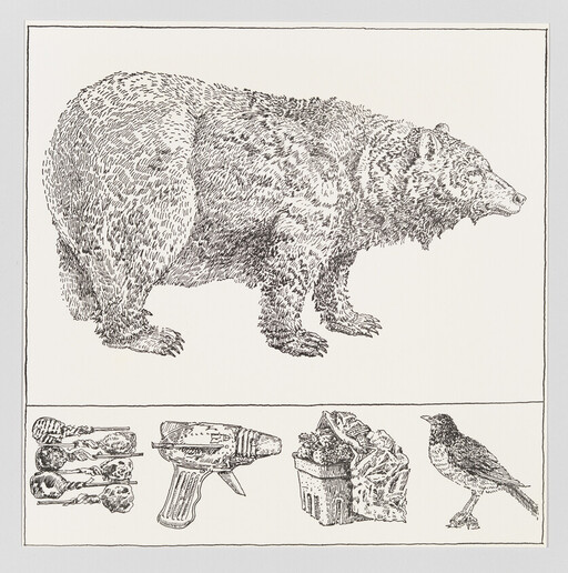 A large bear stands facing right in a detailed pen drawing with small objects below.