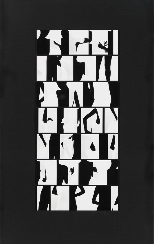 Black human silhouettes appear in a vertical grid of white panels showing varied poses.