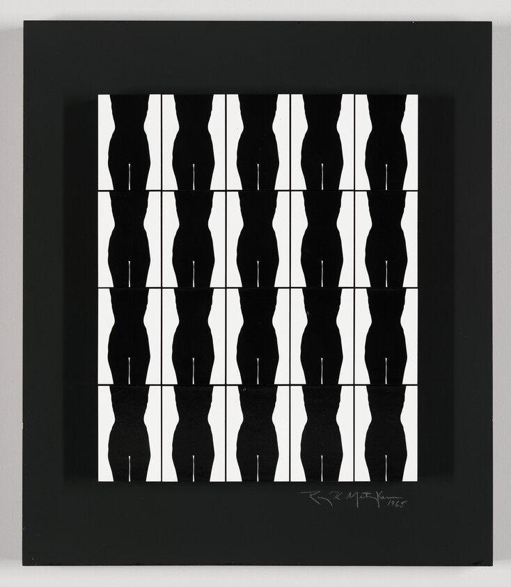 A framed grid showing five-by-five repeating black female torso silhouettes against white squares.