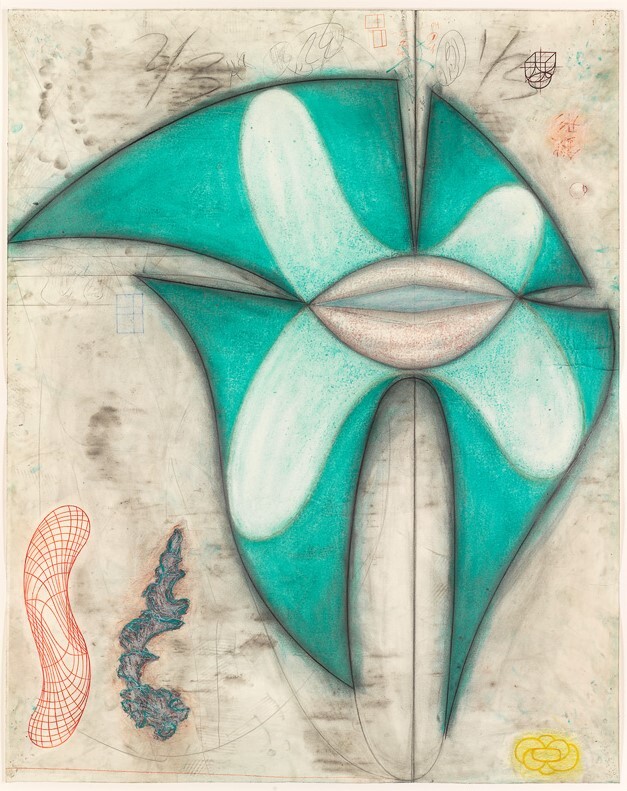 Large teal abstract organic form with a central lip-like shape and small patterned elements.