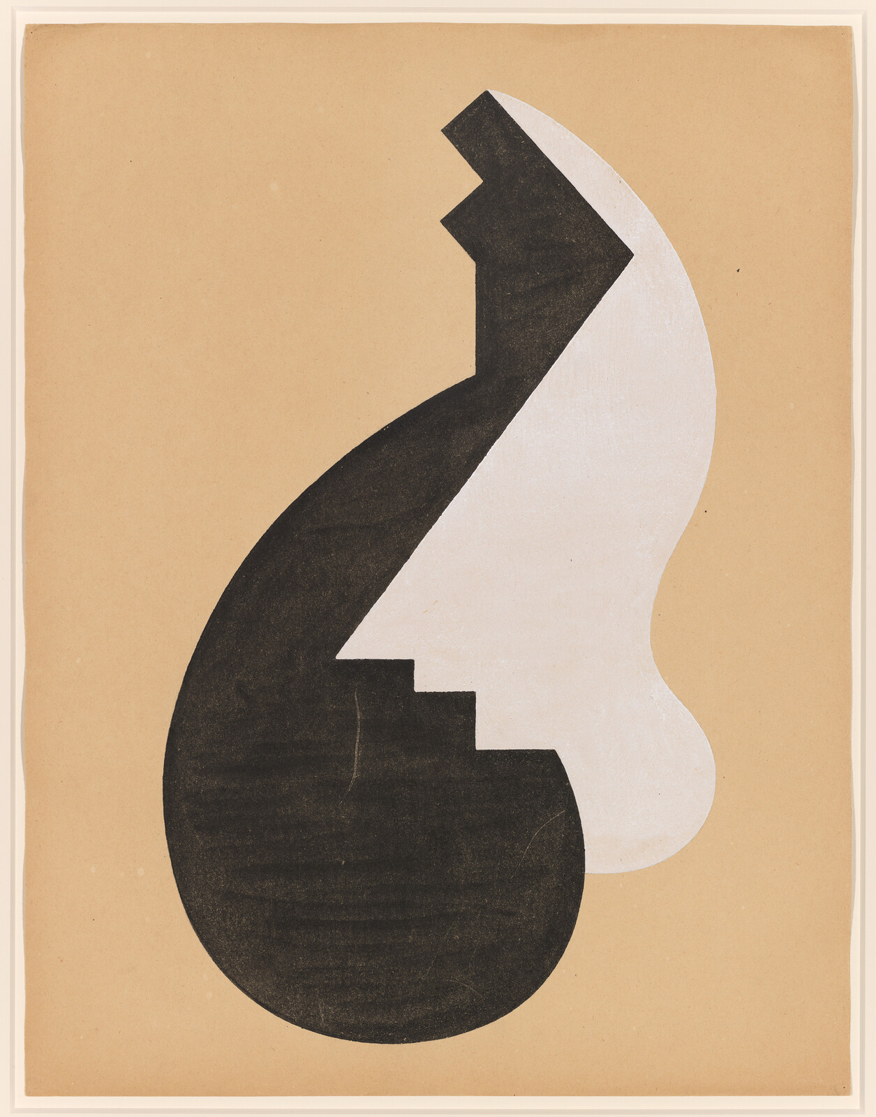 Black and white abstract shapes form interlocking profiles against a tan background.