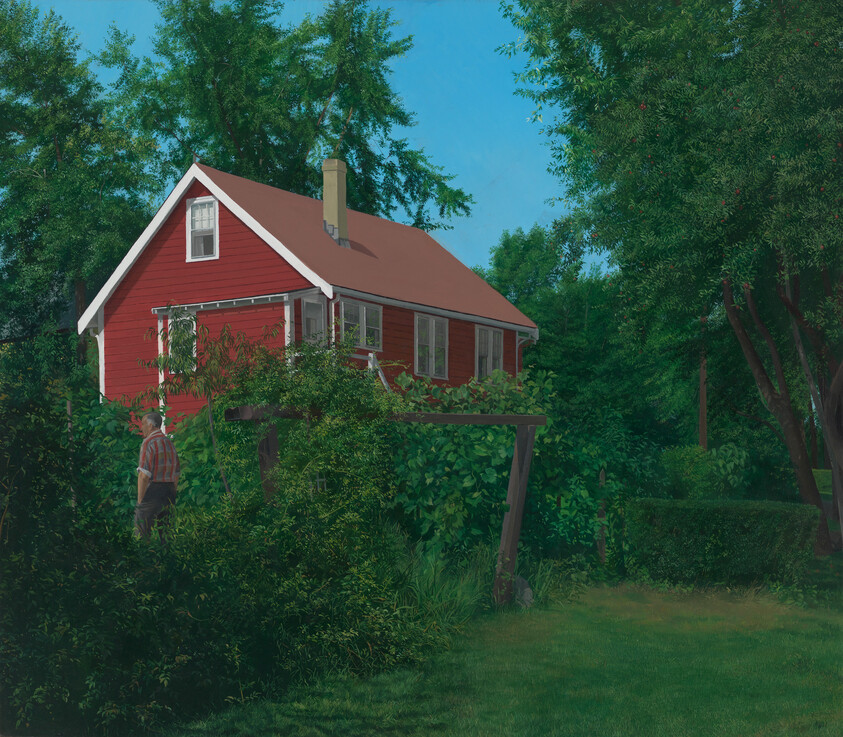 A red cottage surrounded by thick green foliage with a man walking near the overgrown garden.